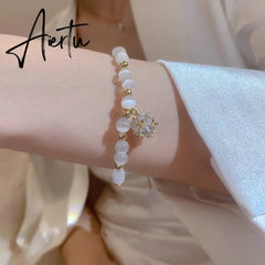 Korean White Opal Stone Pearl Bracelets for Women Luxury Exquisite Crystal Adjustable Cuff Bracelet Wedding Jewelry Party Gift Aiertu