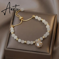 Korean White Opal Stone Pearl Bracelets for Women Luxury Exquisite Crystal Adjustable Cuff Bracelet Wedding Jewelry Party Gift Aiertu