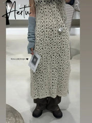 Korobov Korean Fashion Niche Design Dress Autumn Winter Temperament Sleeveless Dresses Irregular Hollow Out Knitwear Long Skirts Aiertu