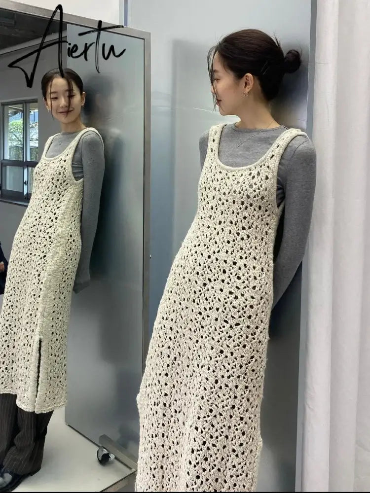 Korobov Korean Fashion Niche Design Dress Autumn Winter Temperament Sleeveless Dresses Irregular Hollow Out Knitwear Long Skirts Aiertu
