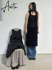 Korobov Korean Fashion Niche Design Dress Autumn Winter Temperament Sleeveless Dresses Irregular Hollow Out Knitwear Long Skirts Aiertu