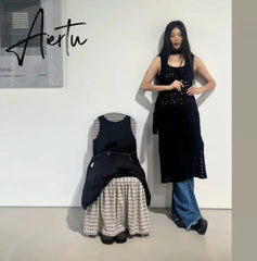 Korobov Korean Fashion Niche Design Dress Autumn Winter Temperament Sleeveless Dresses Irregular Hollow Out Knitwear Long Skirts Aiertu
