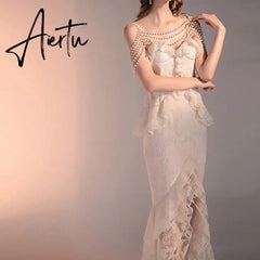 Lace Crochet Ruffles Bodycon Midi Dress Summer Spaghetti Strap Pearl Beading Party Irregular Dresses Women Elegant Aiertu