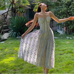 Lace Floral Sling Dress Women's Summer Spaghetti Strap Dress French Fairy Elegant Long Wrapped Chest Party Dresses Robe Aiertu