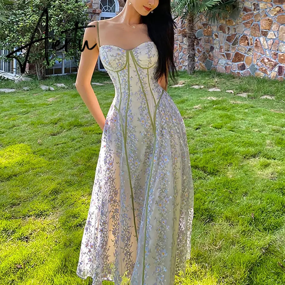 Lace Floral Sling Dress Women's Summer Spaghetti Strap Dress French Fairy Elegant Long Wrapped Chest Party Dresses Robe Aiertu
