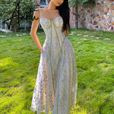 Lace Floral Sling Dress Women's Summer Spaghetti Strap Dress French Fairy Elegant Long Wrapped Chest Party Dresses Robe Aiertu