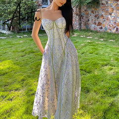 Lace Floral Sling Dress Women's Summer Spaghetti Strap Dress French Fairy Elegant Long Wrapped Chest Party Dresses Robe Aiertu