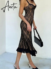 Lace Patchwork Mesh Spaghetti Strap Sleeveless Midi Dress Ladies Elegant Party Clubwear Backless Slim Evening Dress Aiertu