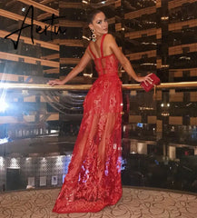 lace Red Mesh Spaghetti Strap lady Long Rayon Bandage Birthday marry Evening Party Dress vestido Aiertu