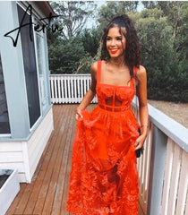 lace Red Mesh Spaghetti Strap lady Long Rayon Bandage Birthday marry Evening Party Dress vestido Aiertu