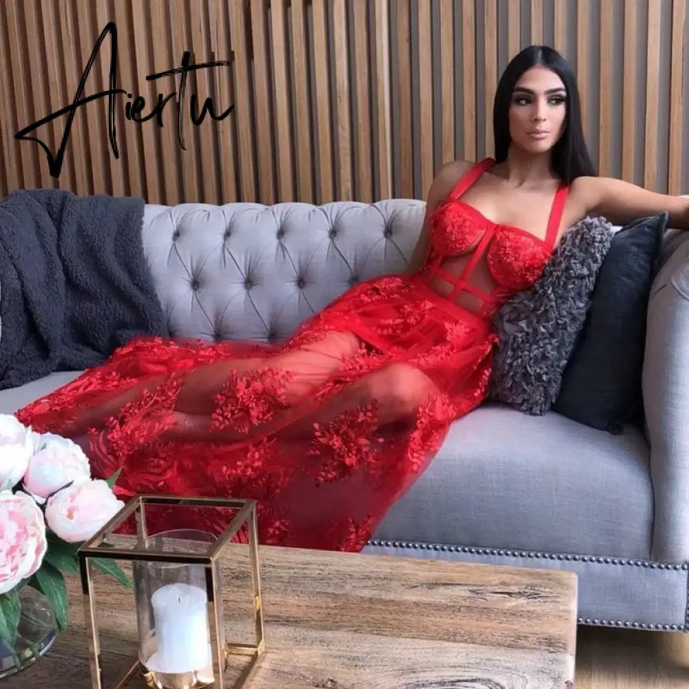 lace Red Mesh Spaghetti Strap lady Long Rayon Bandage Birthday marry Evening Party Dress vestido Aiertu