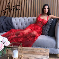 lace Red Mesh Spaghetti Strap lady Long Rayon Bandage Birthday marry Evening Party Dress vestido Aiertu