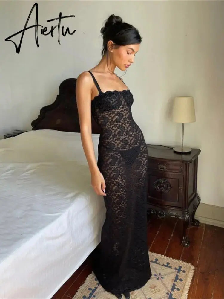 Lace See Through Split Backless Long Dress Sleeveless Spaghetti Straps Sexy Slim Fit Dress Party Night Club Bodycorn Aiertu