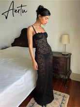 Lace See Through Split Backless Long Dress Sleeveless Spaghetti Straps Sexy Slim Fit Dress Party Night Club Bodycorn Aiertu