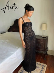 Lace See Through Split Backless Long Dress Sleeveless Spaghetti Straps Sexy Slim Fit Dress Party Night Club Bodycorn Aiertu
