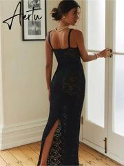 Lace See Through Split Backless Long Dress Sleeveless Spaghetti Straps Sexy Slim Fit Dress Party Night Club Bodycorn Aiertu