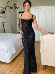 Lace See Through Split Backless Long Dress Sleeveless Spaghetti Straps Sexy Slim Fit Dress Party Night Club Bodycorn Aiertu