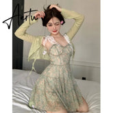 Lace Spaghetti Strap Dress Stitching Women's Summer Sweet French Floral Dress A Line Mini High Waist Sexy Beach Dress Clothing Aiertu