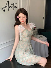 Lace Spaghetti Strap Dress Stitching Women's Summer Sweet French Floral Dress A Line Mini High Waist Sexy Beach Dress Clothing Aiertu