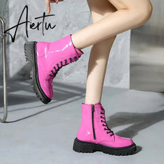 Lace Up Pink Ankle Boots Woman Patent Leather Platform Motorcycle Boots Woman Thick Heels Zipper Short Booties Aiertu