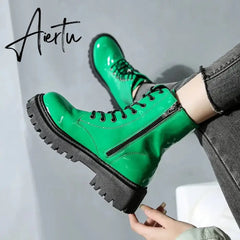 Lace Up Pink Ankle Boots Woman Patent Leather Platform Motorcycle Boots Woman Thick Heels Zipper Short Booties Aiertu