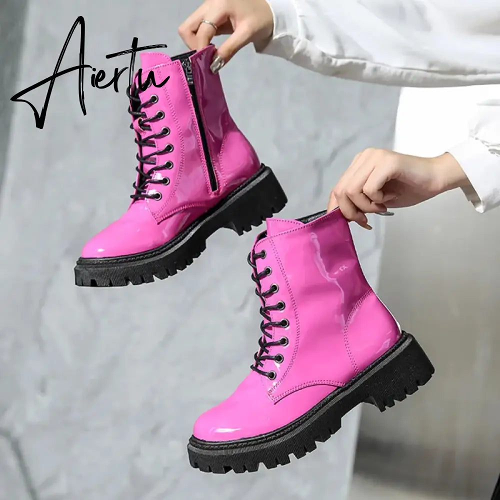 Lace Up Pink Ankle Boots Woman Patent Leather Platform Motorcycle Boots Woman Thick Heels Zipper Short Booties Aiertu