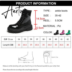 Lace Up Pink Ankle Boots Woman Patent Leather Platform Motorcycle Boots Woman Thick Heels Zipper Short Booties Aiertu