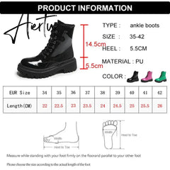 Lace Up Pink Ankle Boots Woman Patent Leather Platform Motorcycle Boots Woman Thick Heels Zipper Short Booties Aiertu