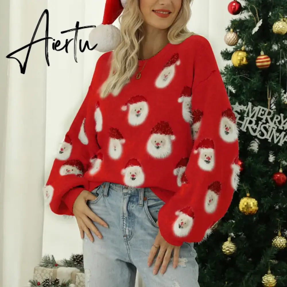 Ladies Cute Sweater Autumn/Winter New O-Neck Lantern Sleeve Loose Knitted Tops Traf Pullover Father Christmas Sweaters New Year Aiertu