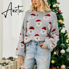 Ladies Cute Sweater Autumn/Winter New O-Neck Lantern Sleeve Loose Knitted Tops Traf Pullover Father Christmas Sweaters New Year Aiertu