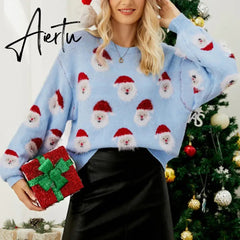 Ladies Cute Sweater Autumn/Winter New O-Neck Lantern Sleeve Loose Knitted Tops Traf Pullover Father Christmas Sweaters New Year Aiertu