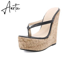 Ladies Shoes Summer Flock Wedges Party Fashion Classics Big Yards Modern Thong Beach Mules Sandalias Platform Geometric Aiertu
