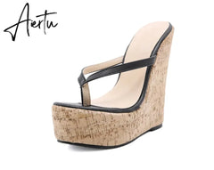 Ladies Shoes Summer Flock Wedges Party Fashion Classics Big Yards Modern Thong Beach Mules Sandalias Platform Geometric Aiertu