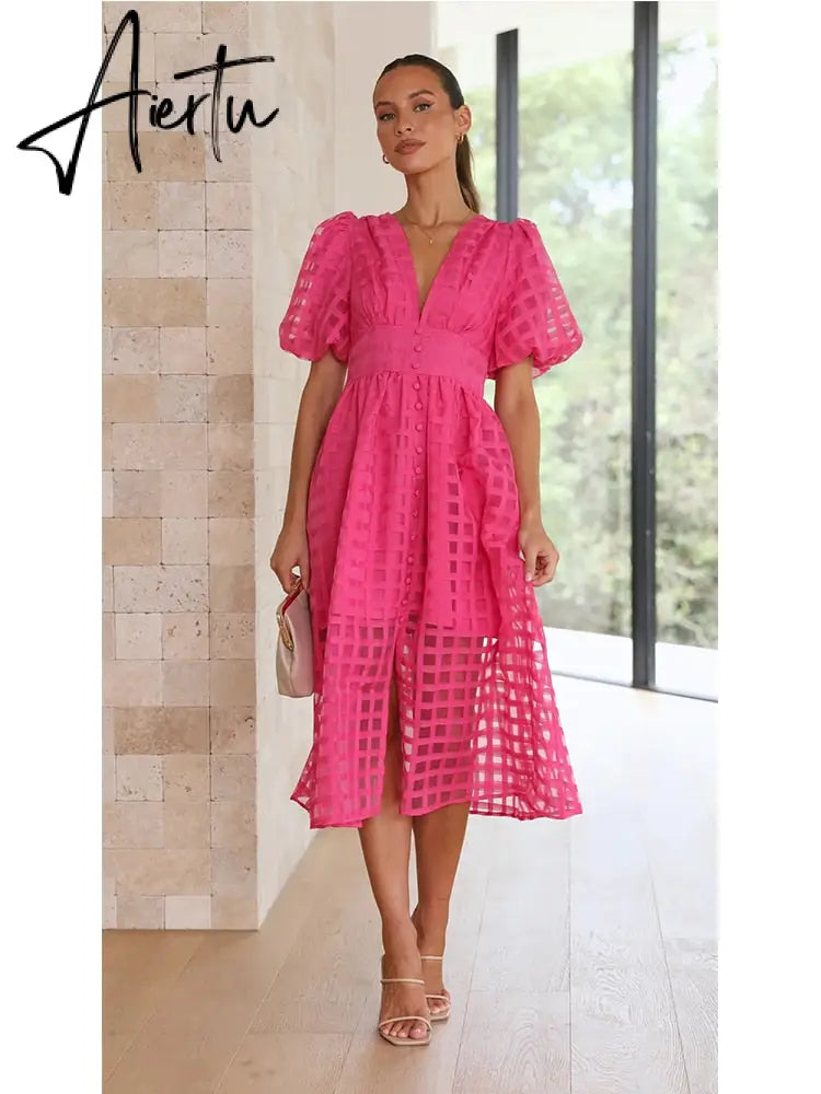 Lantern Sleeve Breasted Rose Red Vintage A-line Party Dress Plaid Transparent Zip Waist Elastic Summer Midi Boho Dress Aiertu