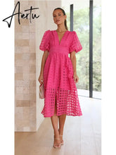 Lantern Sleeve Breasted Rose Red Vintage A-line Party Dress Plaid Transparent Zip Waist Elastic Summer Midi Boho Dress Aiertu