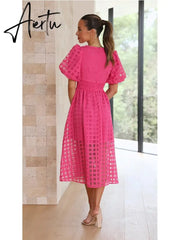Lantern Sleeve Breasted Rose Red Vintage A-line Party Dress Plaid Transparent Zip Waist Elastic Summer Midi Boho Dress Aiertu