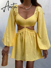 Lantern Sleeve Sexy Waist Backless Yellow Summer Spring Beach Dress for Women Solid A-line Femme Dress Vestidos Aiertu