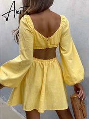 Lantern Sleeve Sexy Waist Backless Yellow Summer Spring Beach Dress for Women Solid A-line Femme Dress Vestidos Aiertu