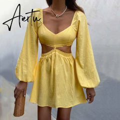 Lantern Sleeve Sexy Waist Backless Yellow Summer Spring Beach Dress for Women Solid A-line Femme Dress Vestidos Aiertu