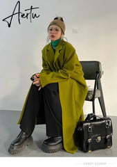 Lautaro Spring Autumn Long Green Oversized Trench Coat for Women Single Button Loose Luxury Casual Overcoat Korean Fashion Aiertu