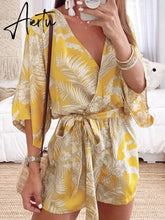 Leaf Print White Batwing Sleeve Rompers Overalls Summer Autumn Sash Wide Leg Beach Boho Playsuit Romper Aiertu