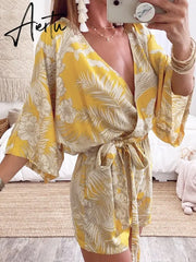 Leaf Print White Batwing Sleeve Rompers Overalls Summer Autumn Sash Wide Leg Beach Boho Playsuit Romper Aiertu
