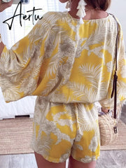 Leaf Print White Batwing Sleeve Rompers Overalls Summer Autumn Sash Wide Leg Beach Boho Playsuit Romper Aiertu