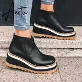 Leather Boots Women Platform Heels Ankle Boots Wedges Casual Fashion Booties Woman Punk Thick Bottom Shoes Zapatos De Mujer Aiertu