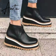 Leather Boots Women Platform Heels Ankle Boots Wedges Casual Fashion Booties Woman Punk Thick Bottom Shoes Zapatos De Mujer Aiertu