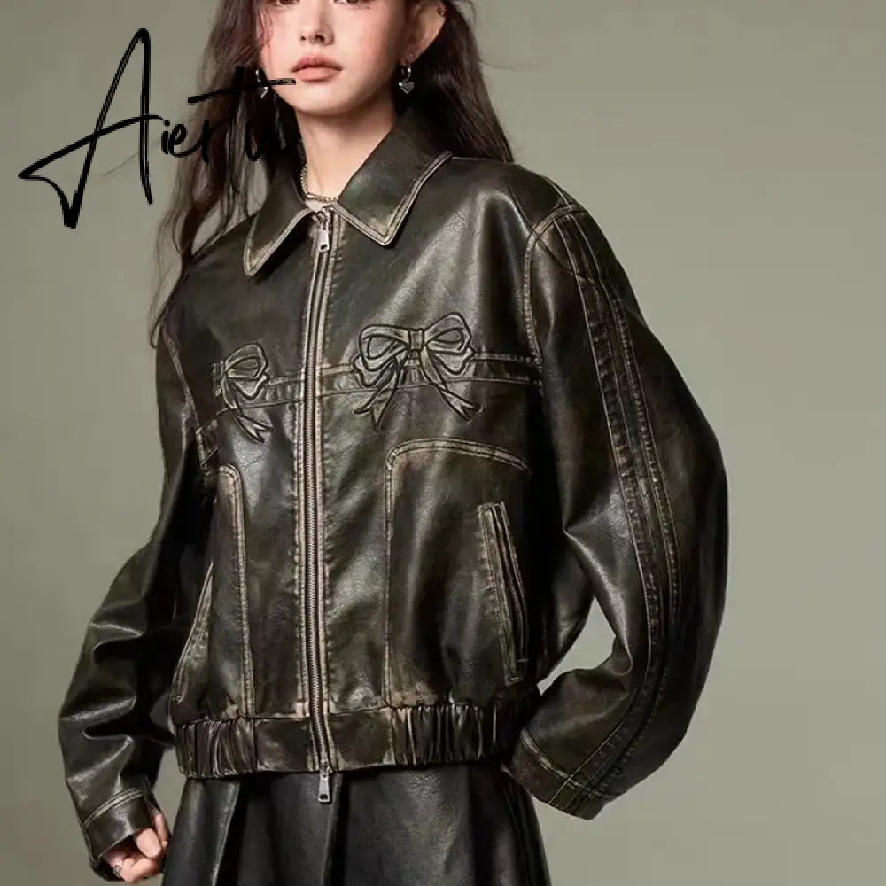 Leather jackets Bow embroidery black bomber women racing winter Korean fashion Jacket vintage Outerwear coats outwear y2k Aiertu