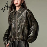 Leather jackets Bow embroidery black bomber women racing winter Korean fashion Jacket vintage Outerwear coats outwear y2k Aiertu