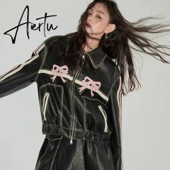 Leather jackets Bow embroidery black bomber women racing winter Korean fashion Jacket vintage Outerwear coats outwear y2k Aiertu