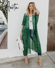Leaves Print Bikini Beach Cover up Tunics for Beach Long Kaftan Bikini Cover up Robe de Plage Sarong Beach Swimsuit cover-ups Aiertu