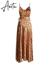 Leopard Split Thigh Sexy Sling Dress For Women V Neck Sleeveless High Waist Colorblock Midi Dresses Female Clothing Aiertu